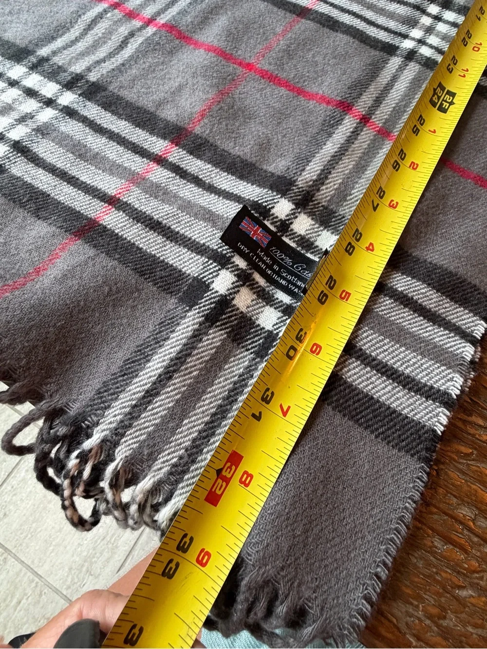 Men's Gray Plaid Cashmere Scarf with Red Windowpane - Unbranded
